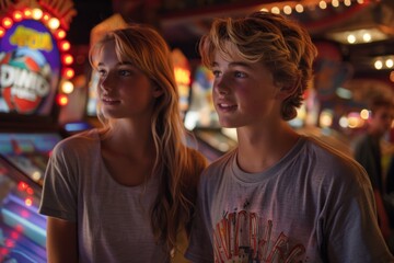 Fototapeta premium Two teenagers engaged in playing arcade games at a vibrant summer fair.