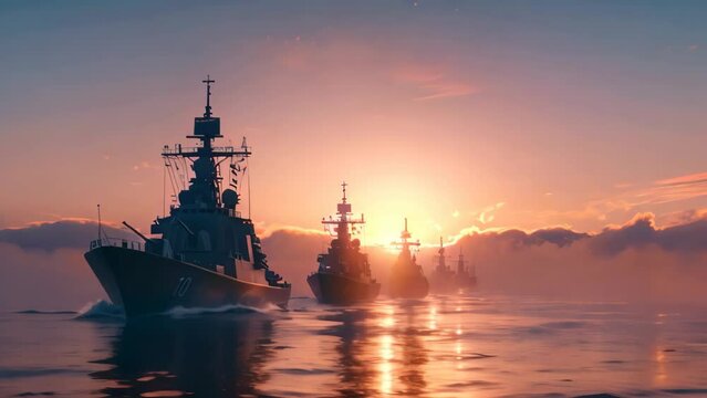 A fleet of ships gracefully floating on the calm surface of a wide body of water, A row of large, imposing navy destroyers in stark contrast with a peaceful, cloudless sky
