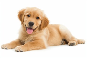A cute golden retriever puppy with a happy expression, lying down on a white background