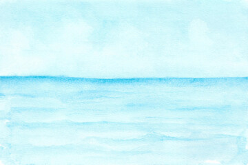 Watercolor painting nature background of blue sky, sea water and summer seascape beautiful waves, tropical nature, sea with waves splashing and blue sky concept. Hand painted texture style on paper.