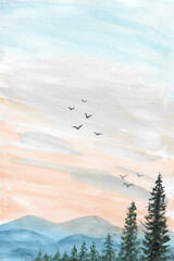 Watercolor painting nature background of forest with mountain,  birds and colorful sky on paper. illustration landscape for environment, spring, summer and season. Hand painted texture style. vertical