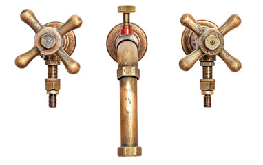 Brass Faucets on White Background, Brass Hanging Faucets Up Close, Brass Metal Hanging Faucets