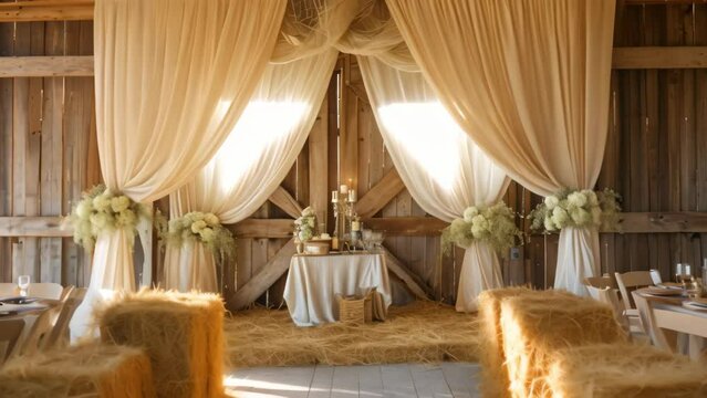 Barn With Hay Bales, Tables, and Chairs, A rustic barn setting with hay bales and white linen drapes for a countryside wedding