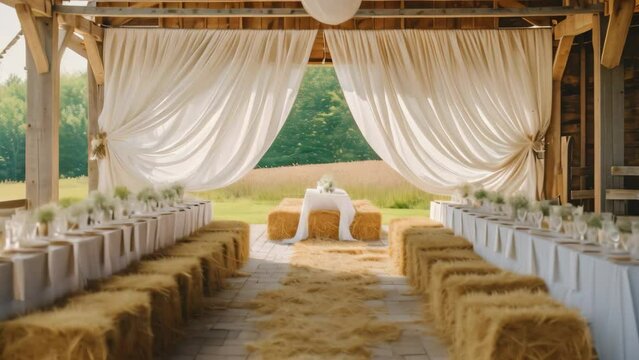 A barn filled with neatly stacked hay bales and tables covered in crisp white linens, A rustic barn setting with hay bales and white linen drapes for a countryside wedding