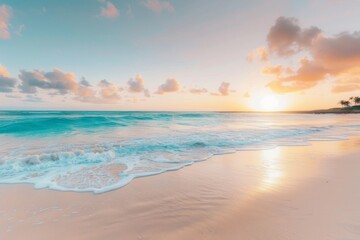 Golden sunset reflecting on gentle waves and sandy shore