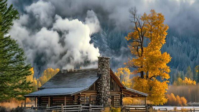 A log cabin situated in a vast field with majestic mountains as the backdrop, A rustic cabin with smoke billowing from the chimney on Thanksgiving Day
