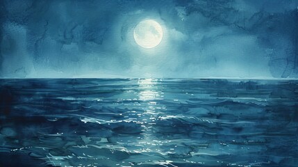 Watercolor illustration of a peaceful sea under a moonlit night, the light reflections on the water creating a mesmerizing and comforting scene