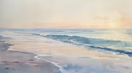 Watercolor illustration of a quiet beach scene at dusk, the soft hues of lavender and pink creating a relaxing atmosphere in the clinic