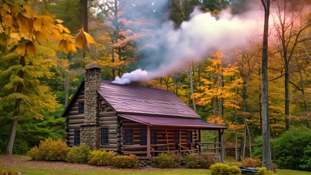 A log cabin nestled amongst tall trees in a dense forest, A rustic cabin with smoke billowing from the chimney on Thanksgiving Day