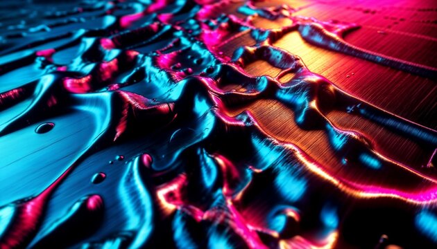 Vividly Colored Liquid Patterns Flowing Across a Textured Surface in Close-Up