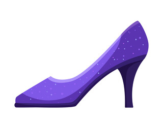 A purple high-heeled shoe, in a flat design style, on a white background, representing fashion and elegance. Vector illustration