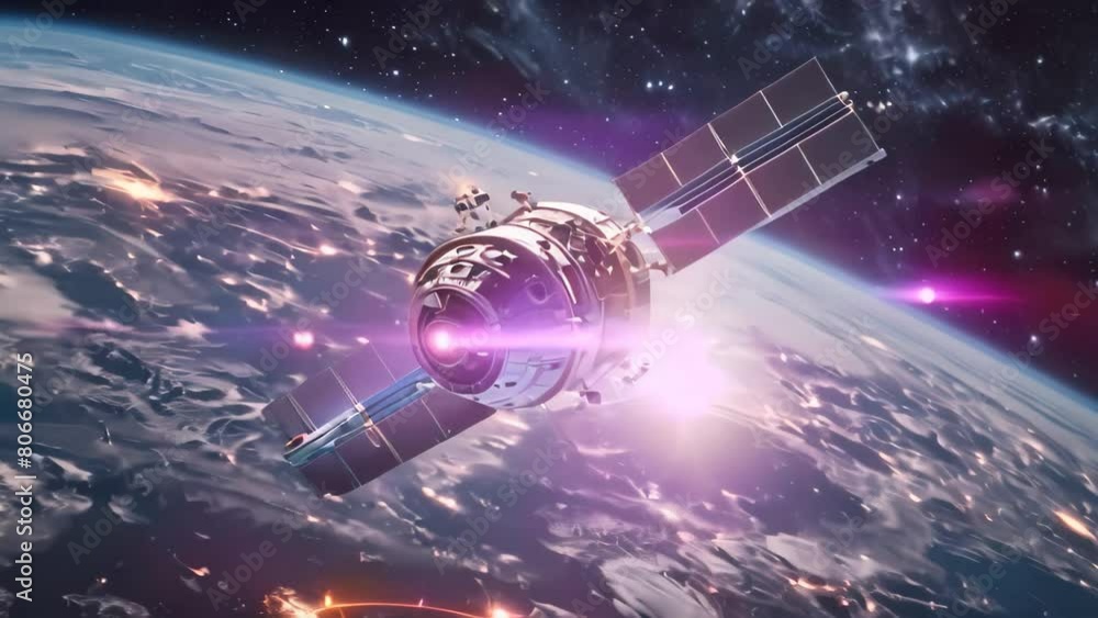 Poster an artists rendering depicting a space station in orbit around earth, showcasing its sleek design an