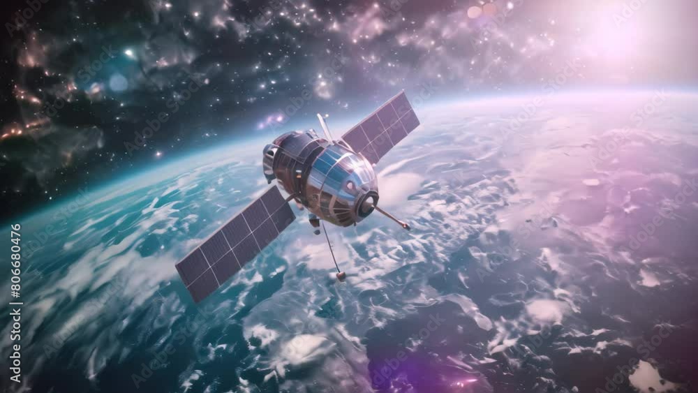 Poster an artists illustration of a satellite satellite floating in space, showcasing its technological des