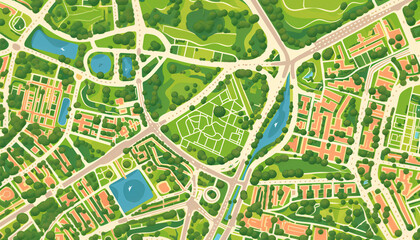 Fototapeta premium Colorful illustrated city map with detailed roads and parks
