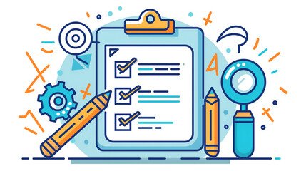 Vibrant graphic of a clipboard and office icons in blue. Animated illustration of checklist with pencil and magnifying glass. Colorful business to do list concept with dynamic elements.