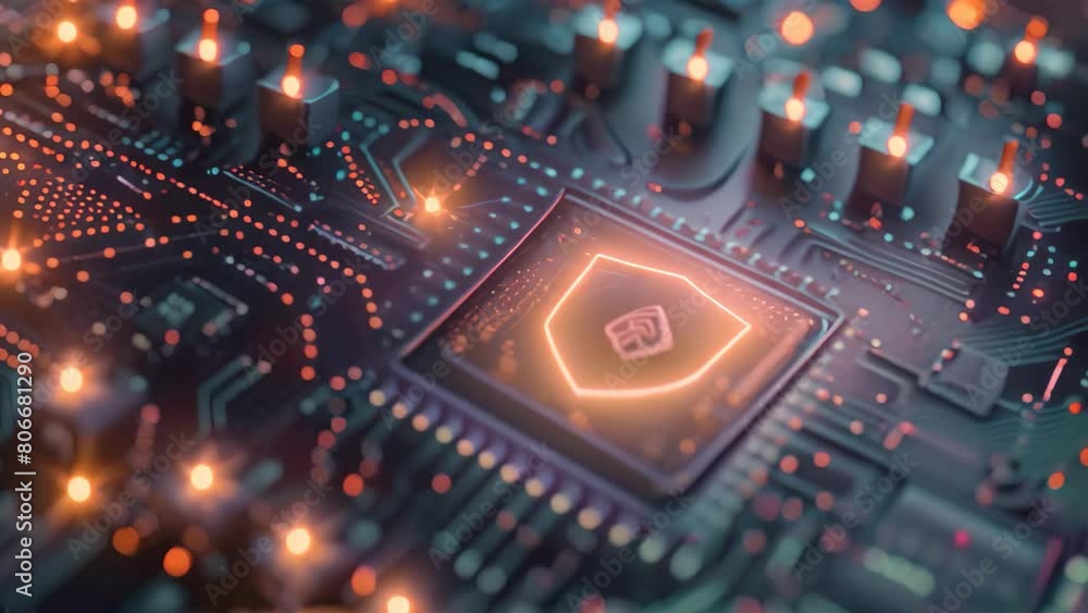 Poster a close-up photo of a computer chip with a vibrant glow, showcasing intricate circuitry, a secure ne