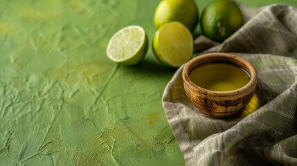 A wooden bowl filled with green liquid beside vibrant limes