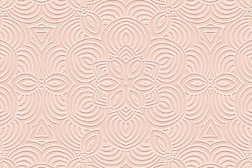Embossed pink pastel background, tribal vintage cover design. Geometric floral 3D pattern. Handmade, doodling, ornaments. Ethnic style, traditions of the East, Asia, India, Mexico, Aztec, Peru.