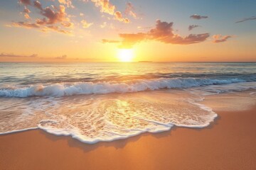 Fototapeta premium Sunset over calm sea with sandy shore