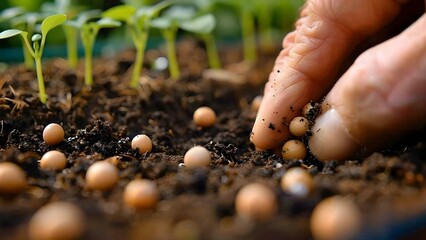 Woman planting a seed in soil with her hand. Concept Gardening, Women Empowerment, Nature Connection, Sustainable Living, Hands-On Planting