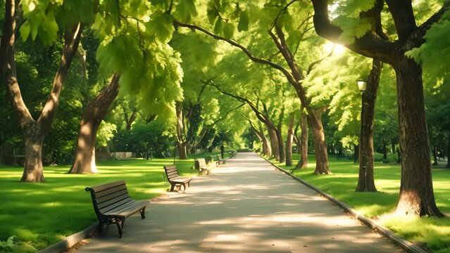 A straight walkway with benches and trees on either side, providing a shaded path through the park, A serene tree-lined walkway in a tranquil city park