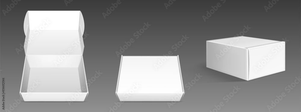 Poster white closed and open cardboard box mockup. realistic vector illustration set of blank rectangular c
