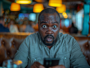 Middle age black man with a surprised expression receives shocking news while on a mobile phone
