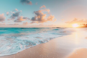 Sunset over calm sea with sandy shore