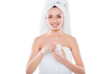 Portrait of pretty sexy woman in towel and turban on head holding presenting cream for problem combined face skin isolated on white background. Wellness wellbeing concept