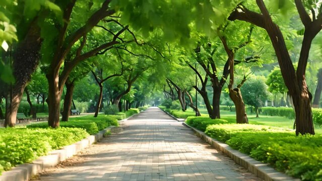 A stroll along a tree-lined walkway in a lush green park, A serene tree-lined walkway in a tranquil city park