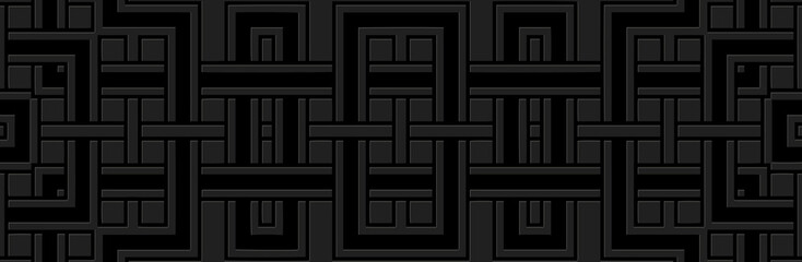 Banner, cover design. Relief linear 3D pattern on a black background. Geometric ornaments, handmade. Ethnic style, traditions of the East, Asia, India, Mexico, Aztec, Peru.