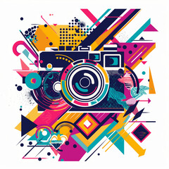 A colorful abstract camera art with a background filled with geometric shapes and patterns
