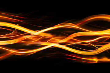Dynamic neon waves with orange and yellow light streaks. Mesmerizing artwork on black background.