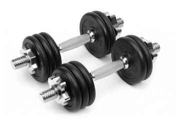 Two black adjustable dumbbells with chrome handles and secured plates ready for fitness training