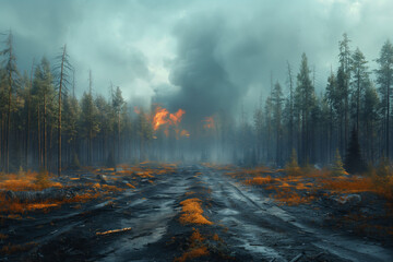 A forest with a fire burning in the background