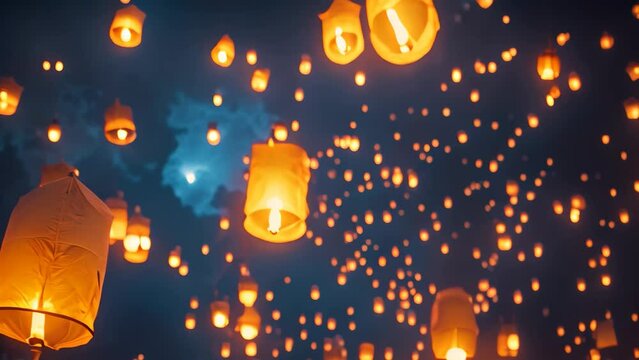 A large number of lanterns gracefully float in the night sky, creating a mesmerizing sight, A sky filled with lanterns during a twilight lantern festival