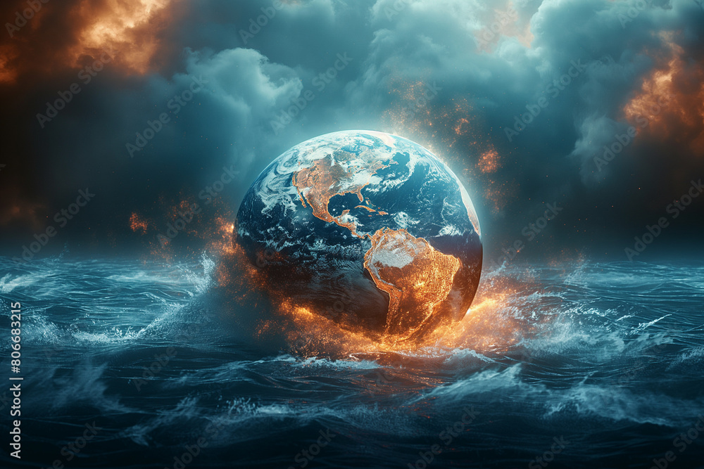 Poster a planet is floating in the ocean with a fire on it