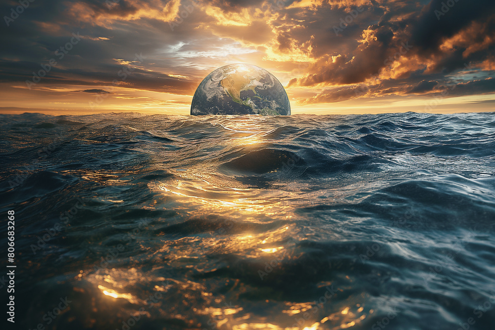 Poster a large planet is floating in the ocean
