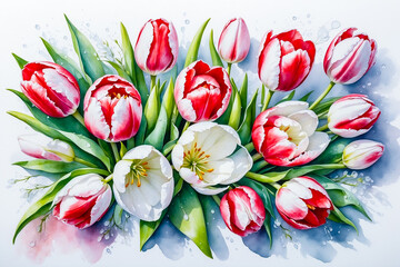  Beautiful bouquet of several white, pink and red blooming tulips and buds in drops of morning dew, top view