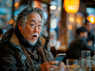 Middle age Asian man with a surprised expression receives shocking news while on a mobile phone - Powered by Adobe