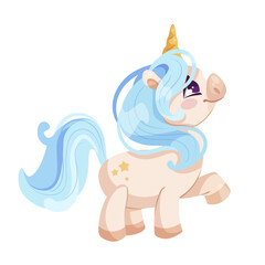 A vector illustration of a cute, mythical unicorn with blue mane and golden horn on a white background, concept of fantasy. Vector illustration