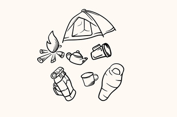 Camping hiking items set with outline illustration. Tent, bonfire, backpack, glass, kettle, flashlight, sleepingbag
