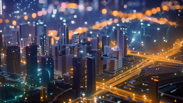 The photo captures an expansive cityscape consisting of numerous towering buildings and an intricate network of roads and highways, A smart city infrastructure model