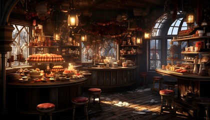 Restaurant interior with a lot of food. 3d rendering - Powered by Adobe