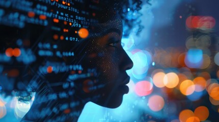  A black woman in profile with computer code and data visualizations overlaying her face, overlaying digital elements