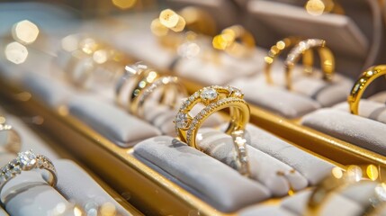 Gold jewelry diamond rings show in luxury retail store display showcase