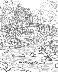 Landscape with river and bridge. Coloring book