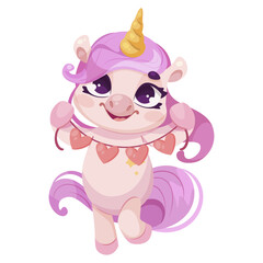 Adorable cartoon unicorn with pink mane, golden horn and heart necklace, Vector illustration on white background, concept of cuteness. Vector illustration