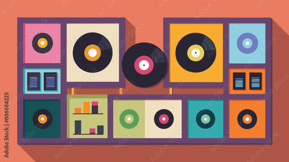 Aufkleber a wall lined with framed vinyl records each one displaying a unique playlist and the name of the per