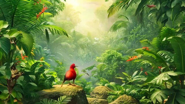 A detailed painting of a lively jungle scene, featuring various species of colorful birds and lush plants, A spacious tropical rainforest with diverse wildlife